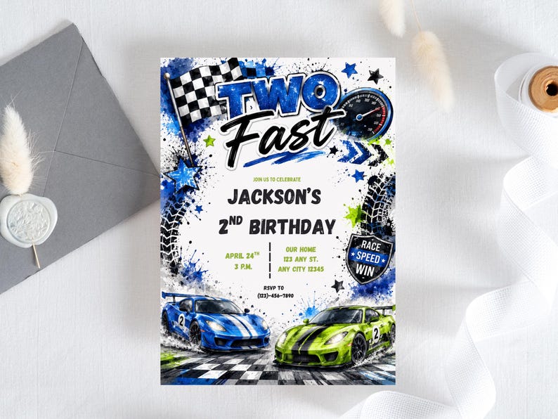 Growing Two Fast invite Boy's 2nd birthday Hot Racing sport cars party Race track speedway invite Watercolor Style Digital Download card image 13
