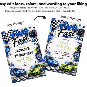 May include: Two rectangular birthday invitation templates featuring a race car theme with blue, green, and black accents. The text reads "TWO FAST" at the top, with graphics of checkered flags, tire tracks, speedometers, and sports cars.