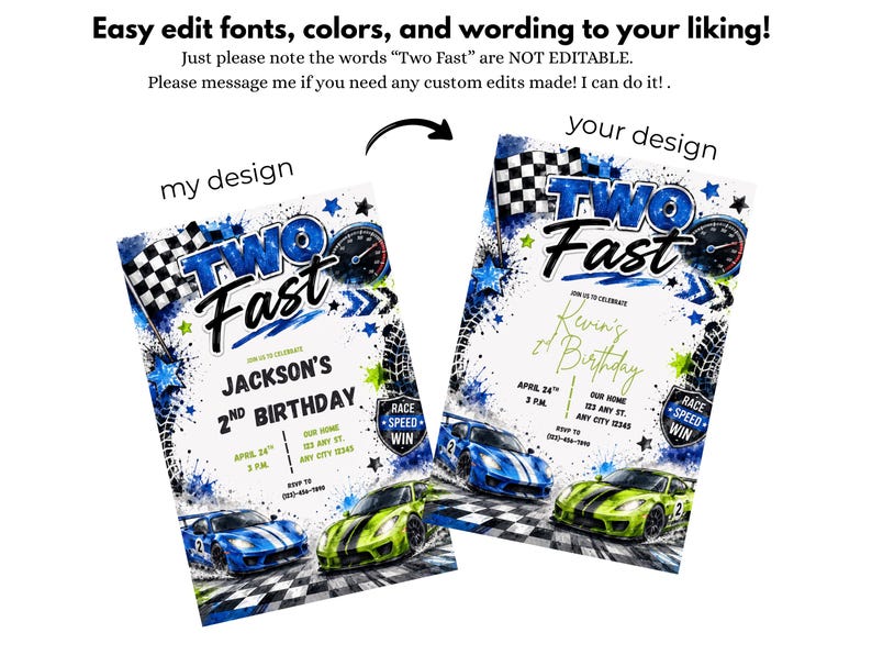 May include: Two rectangular birthday invitation templates featuring a race car theme with blue, green, and black accents. The text reads "TWO FAST" at the top, with graphics of checkered flags, tire tracks, speedometers, and sports cars.
