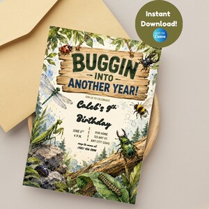 May include: A birthday invitation card featuring watercolor illustrations of various insects including a ladybug, dragonfly, mantis, bee, and beetle. The text reads BUGGIN INTO ANOTHER YEAR! Caleb's 9th Birthday, with space for event details.