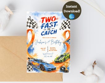 Boy's 2nd Birthday Invite Two Fast to Catch Hot Race Cars Theme Loops Speedway Racing Tracks digital Download Invitation Editable Template