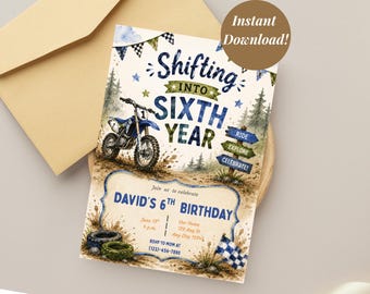 Shifting into 6th Year Boy's 6th Birthday Invitation Dirt Bike Racing Theme Motorcycle Motocross  Off Roading Party Digital Download