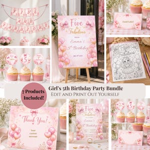 Dekorationspaket för flickors 5-årsfest, paket med fem fantastiska rosa ballonger, kokett-tema, matchande dekorationspaket, digital nedladdning