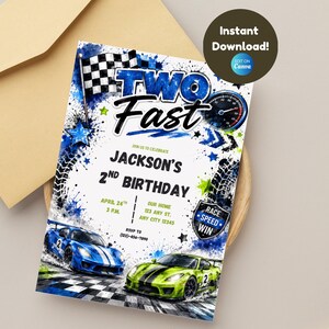 May include: A rectangular birthday invitation card featuring a race car theme with blue and green sports cars, a checkered flag, and tire tracks. The text reads TWO FAST, JACKSON'S 2ND BIRTHDAY, and includes event details like date, time, and location.