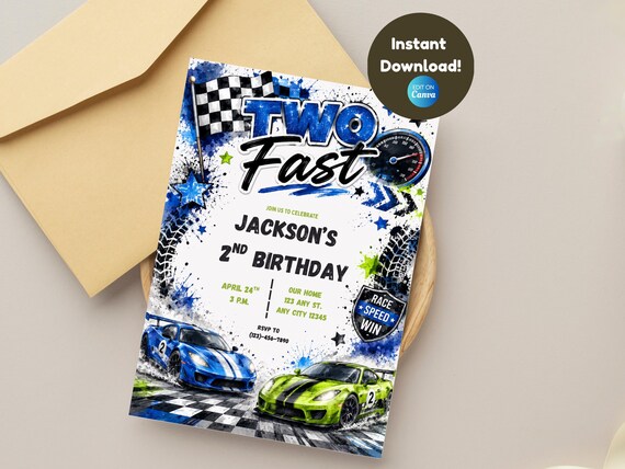 Growing Two Fast invite Boy's 2nd birthday Hot Racing sport cars party Race track speedway invite Watercolor Style Digital Download card