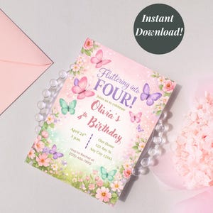Girl's 4th Birthday Invitation Wildflower Butterfly Whimsical Garden theme Pastel Fluttering into Four Watercolor Party Digital Download