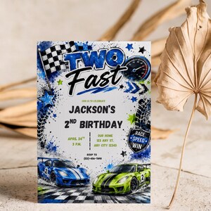 Growing Two Fast invite Boy's 2nd birthday Hot Racing sport cars party Race track speedway invite Watercolor Style Digital Download card image 6