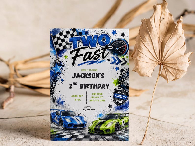 Growing Two Fast invite Boy's 2nd birthday Hot Racing sport cars party Race track speedway invite Watercolor Style Digital Download card image 6