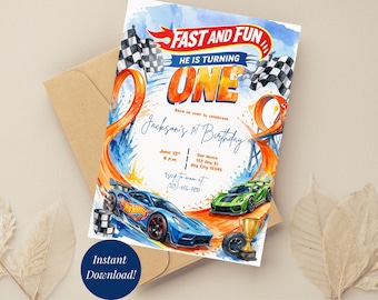 Boy's 1st birthday invite Hot Sporting Race Cars Party Speedway racing cars on Loops Race Tracks Theme Digital Download Invitation