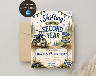 Shifting into Second Year Boy's 2nd Birthday Invite Dirt Bike Motocross Theme Party Motorcycle Off Roading Digital Download Invitation
