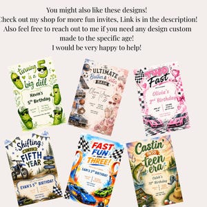 May include: Six rectangular birthday party invitations featuring various themes including pickles, sports, racing cars, dirt bikes, and fishing. Each card displays colorful illustrations, event details, and specific text such as turning is a big dill, The Ultimate Brother & Sister Bash, TWO FAST, Shifting into Fifth Year, FAST FUN AND THREE, and Castin into teen era.