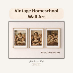 May include: Set of three framed vintage-style wall art prints. Each print features a sepia-toned illustration of a woman reading to children. The text "Vintage Homeschool Wall Art" is at the top.