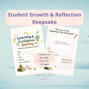 Peut inclure: Un souvenir de croissance et de réflexion des élèves avec le texte "My Learning & Confidence Journey" et "This is me at the beginning of the school year". Le souvenir est conçu pour les classes de 1 à 5 et comprend 10 pages.