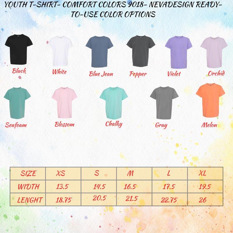 May include: A color chart for Comfort Colors 9018 youth t-shirts featuring eleven solid color options: black, white, blue jean, pepper, violet, orchid, seafoam, blossom, chalky, gray, and melon. A size chart displays width and length in inches.