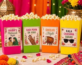 Boîtes de pop-corn Mehendi Dholki personnalisées | Cadeaux de mariage asiatiques
