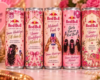 Personalised Red Bull Can Stickers | Mehndi Favours | Dholki Party Favours | Custom Energy Drink Labels | Desi Wedding Favours | Sangeet