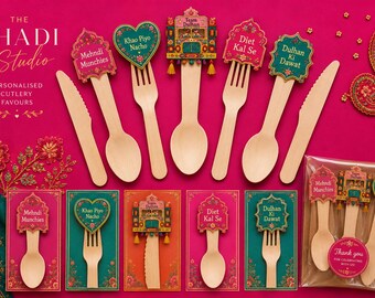 Personalised Wooden Cutlery Favours | Mehndi, Dholki, Wedding Table Decor