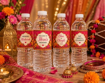 Etiquettes personnalisées pour bouteille d'eau de mariage Mehendi | Stickers événementiels personnalisés (210 mm x 50 mm)