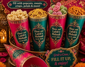 Personalised Mehndi Munchies Cones | Custom Wedding Favours (Empty Paper Cones)