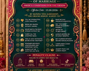 Panneau en mousse personnalisé « Conditions générales de mariage » | Conditions humoristiques de la mariée, décoration pakistanaise