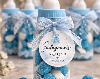 Cadeaux personnalisés halal pour biberon | Aqiqah personnalisée, Bonbons pour baby shower