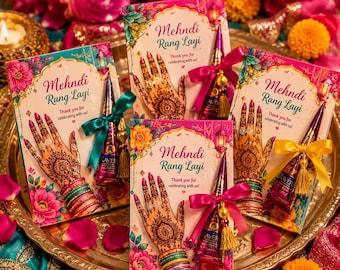 Personalised Mehndi Favour Cards with Cone | Dholki Wedding Favours, Pakistani India