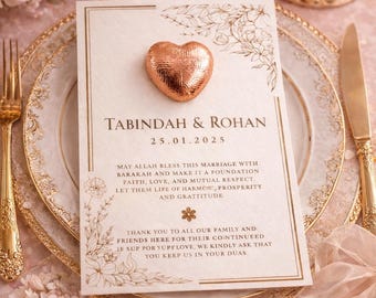 Carte de vœux de mariage islamique personnalisée avec coeur en chocolat | Souvenir de Nikkah Walima