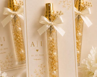 Personalised Perfume Wedding Favours – Gold Leaf & Pearl Perfume Sprays