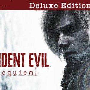 以下が含まれることがあります： 「Resident Evil: Requiem」のデラックスエディションのカバーアート。雨のエフェクトがかかった男性の顔が描かれています。ゲームタイトルは赤色で、下に「requiem」と書かれています。全体的に暗く、ドラマチックな雰囲気です。