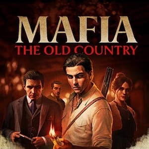 以下が含まれることがあります： ビデオゲーム「Mafia: The Old Country」のデジタルアートワーク。画像には4人のキャラクターが描かれており、上部にタイトルテキストがあります。中央の人物は火のついたマッチを持っています。カラーパレットは、濃い赤と茶色が中心です。
