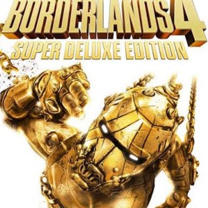May include: Golden-toned artwork for Borderlands 4 Super Deluxe Edition. The image features a muscular, robotic figure with a chain and the game's title in gold lettering. The figure is flexing its arm, showcasing intricate mechanical details.