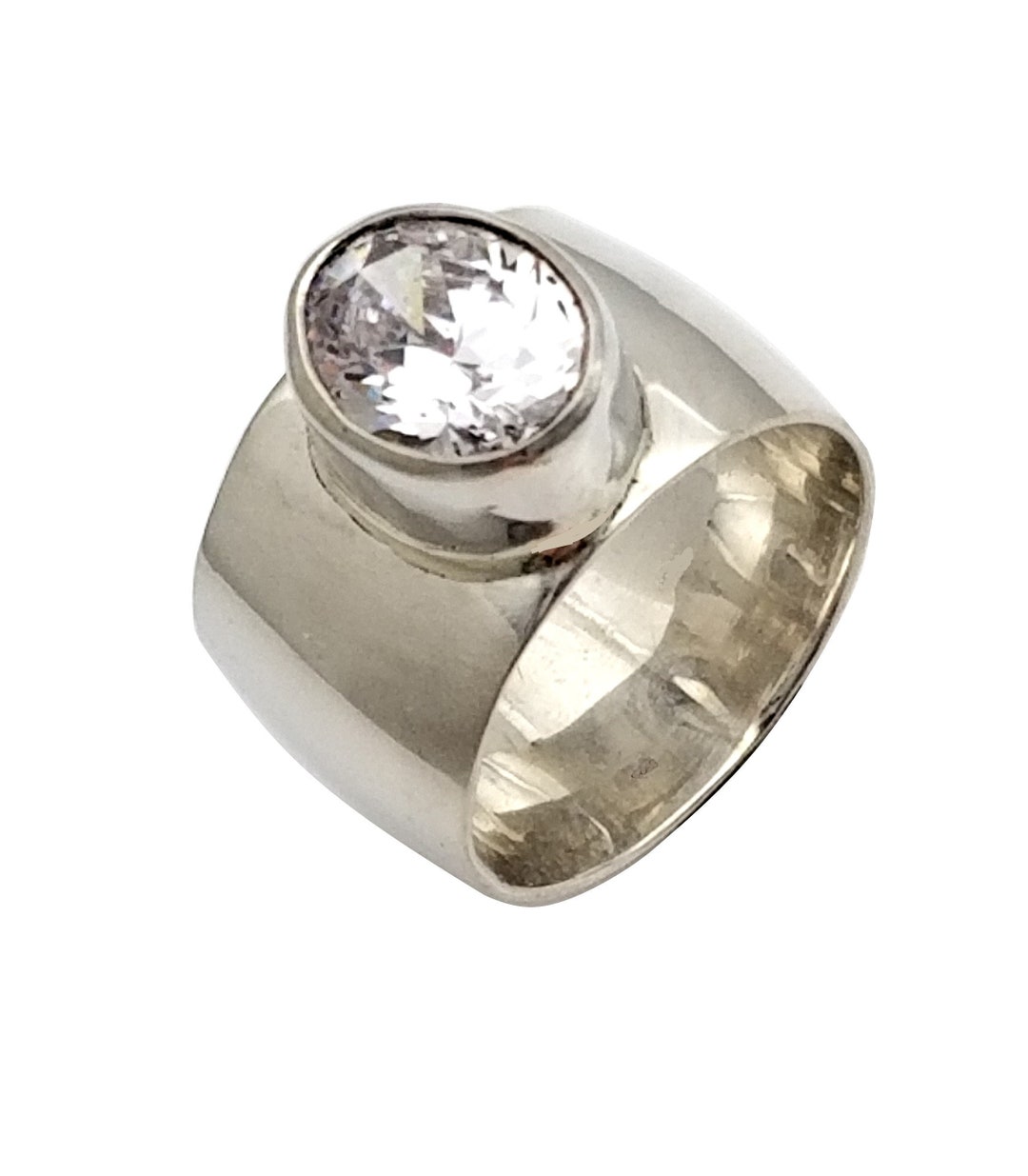 Sterling Silver Wide Band Ring With Large Cubic Zirconia - Etsy