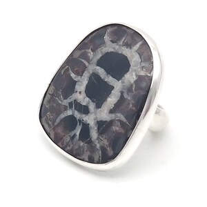 May include: A silver ring with a black and white agate stone. The stone has a unique pattern of white veins.
