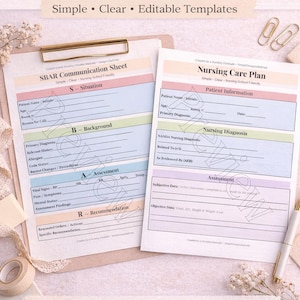 May include: A bundle of nursing templates, including an SBAR communication sheet and a nursing care plan. The templates are simple, clear, and editable, with sections for patient information, assessment, and recommendations. The image includes text that says "Nursing SBAR + Care Plan Bundle".