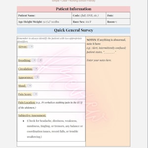 May include: A medical assessment form titled "Head-to-Toe Assessment" with sections for patient information and a quick general survey. The form includes prompts for airway, breathing, circulation, and other health indicators. The form is designed for nursing students.