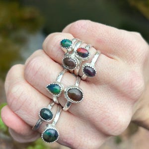 Black Opal and Sterling Silver Dainty Stacking Rings