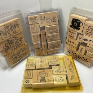 Stampin Up Wood rubber Stamp Sets, Great Groupings, Love Matters, Bow Wow, What’s Brewing