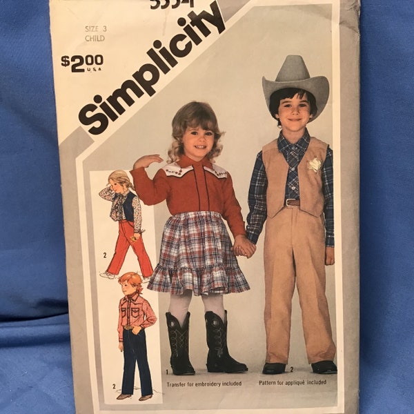 Simplicity 5334 Sewing Pattern, Children’s Size 3 Western Outfits