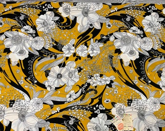 Hawaiian Textiles Yellow Black White Polyester Knit Print, 58" Ancho x 3 Yardas, D2