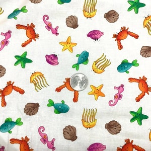 Timeless Treasures Cartoon Sealife Cotton Print Fabric, Jellyfish, Crabs, Fish, By the Yard, B8