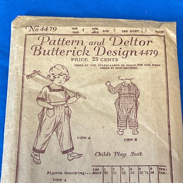 Pattern and Deltor Butterick Design 4479, 1920’s, Childs Play Suit, Romper