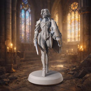 Op de afbeelding: Grijze beeldje van een vrouwelijke krijger in harnas, met een zwaard en schild. De figuur staat op een cirkelvormige basis. De achtergrond toont een kathedraal met glas-in-loodramen en brandende kaarsen.