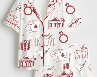 Lucky In Love Pajama Set, Satin Short Sleeve PJs, Casino Bridal Sleepwear, Vegas Bachelorette Gift for Her