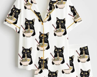 Noodle Cat Satin Pajamas, Funny Cat Lover Loungewear, Whimsical Ramen Cat Print Gift, Cute Kitty Short Sleeve Silky Sleepwear Set