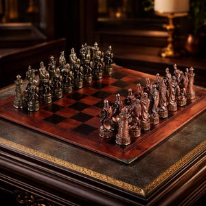 Könnte beinhalten: Ein detailliertes Schachspiel mit bronzefarbenen und kupferfarbenen Figuren, angeordnet auf einem dunkelbraunen und schwarz karierten Schachbrett. Das Brett steht auf einem Holztisch mit dekorativem Rand und schafft eine klassische und elegante Ästhetik.