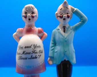 Vintage Old Couple Salt and Pepper Shakers Figurines Comical Ceramic Man and Woman Salt & Pepper Shakers Pregnant Woman Figurine