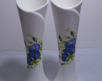 Porcelain Bud Vase Set of Two Vases White porcelain Blue and Lavendar Flowers Porcealin Vase