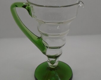 Fry Glass Pitcher Clear Glass With Green Handle and Base Stcaked Rings Glass Pitcher