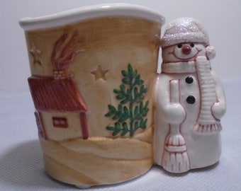 Vintage Christmas Candle Holder or Small Planter Snowman Candle Holder Holiday Candle Holder