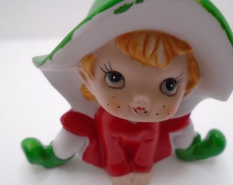 Vintage Pixie Figurine Dressed in Christmas Colors of Red and Green Freckle Face Pixie